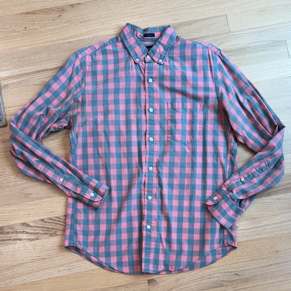 J. Crew Men's Pink and Gray Checkered Shirt